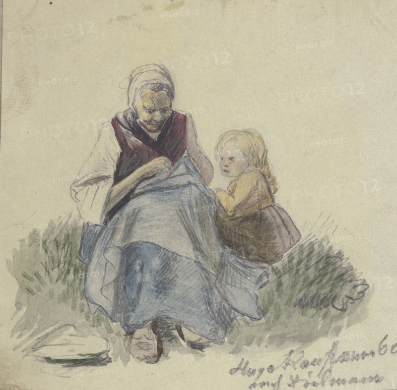 Grandmother sewing, and child, 1860. Creator: Hugo Kauffmann.