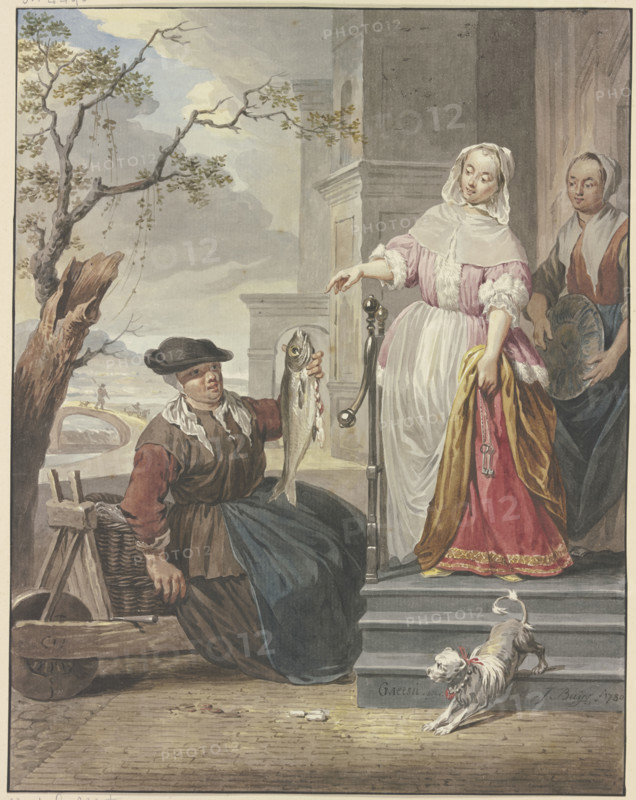 A lady stands with her maid in front of her house, haggling with a fishmonger, 1780. Creator: Jacobus Buys.