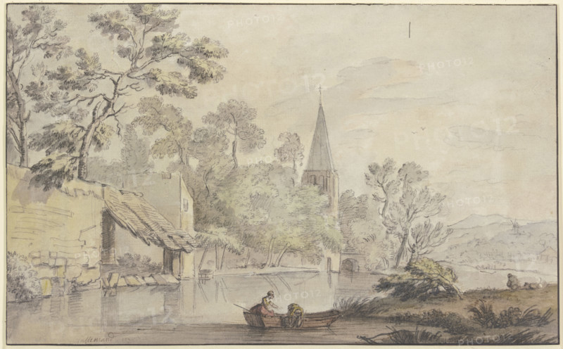 Church tower and several buildings by a body of water, two women in a boat..., 18th century. Creator: Jean-Baptiste Lallemand.