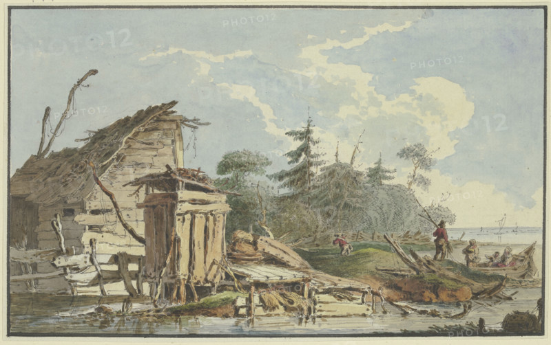 Timber cabins on the wooded seashore, a boat with a family on the right, late 18th century. Creator: Marquand Fidel Dominikus Wocher.