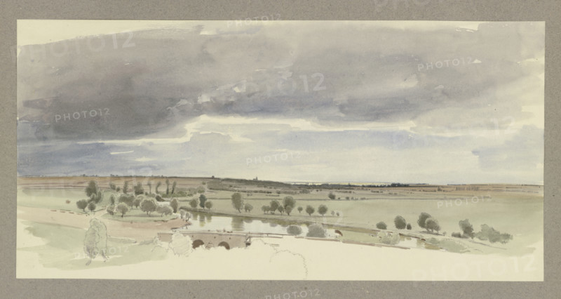 Landscape with a body of water and a stone dam, 1849. Creator: Carl Theodor Reiffenstein.
