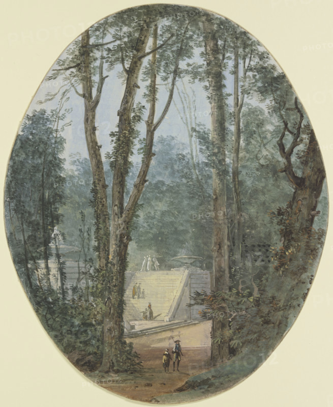 Park landscape with tall trees and a view of a staircase in the middle ground, c1780. Creator: Louis Gabriel Moreau.