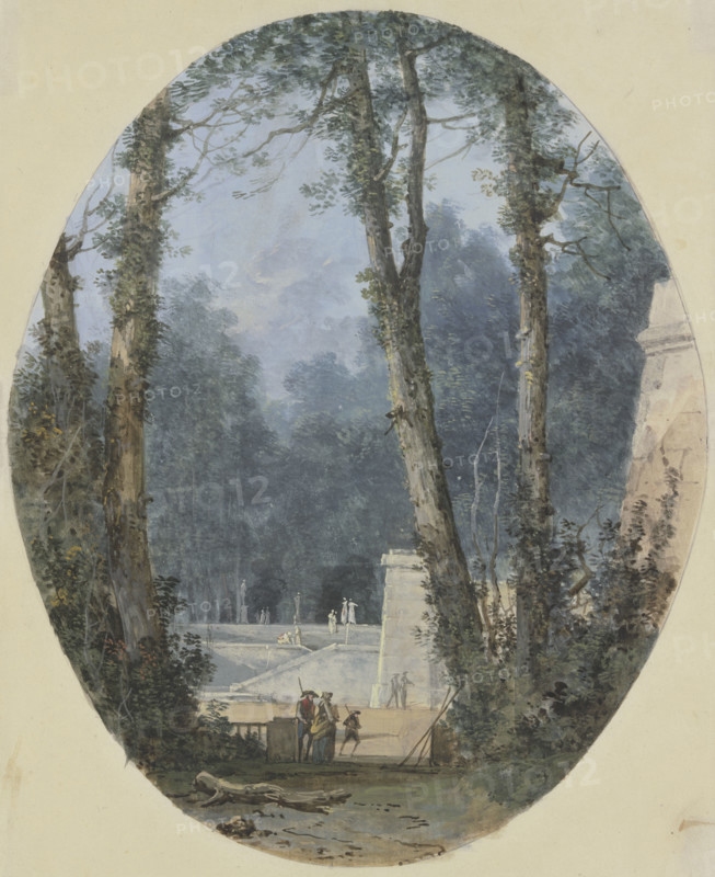 Park landscape with tall trees and a stone ramp in the middle ground, c1780. Creator: Louis Gabriel Moreau.