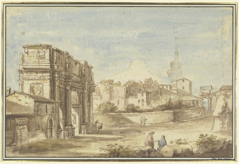 Roman scene with a triumphal arch (Arch of Constantine), 18th century. Creator: Giovanni Paolo Pannini?.