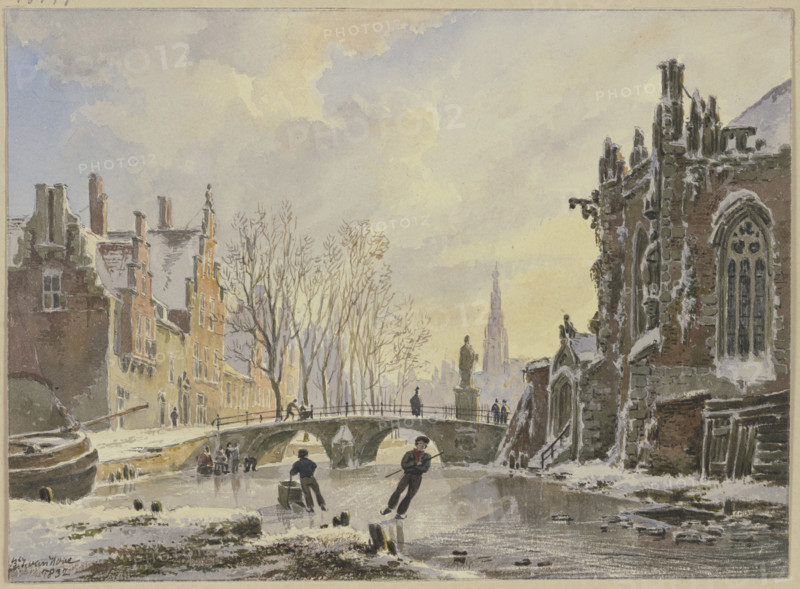 Ice skaters on a canal in Amsterdam, 1832. Creator: Bartholomeus Johannes van Hove.