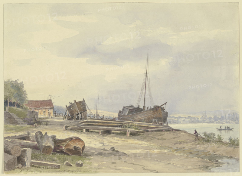 Shipyard on the Rhine bank near Niederwalluf, c1880-1900. Creator: Ernst Morgenstern.