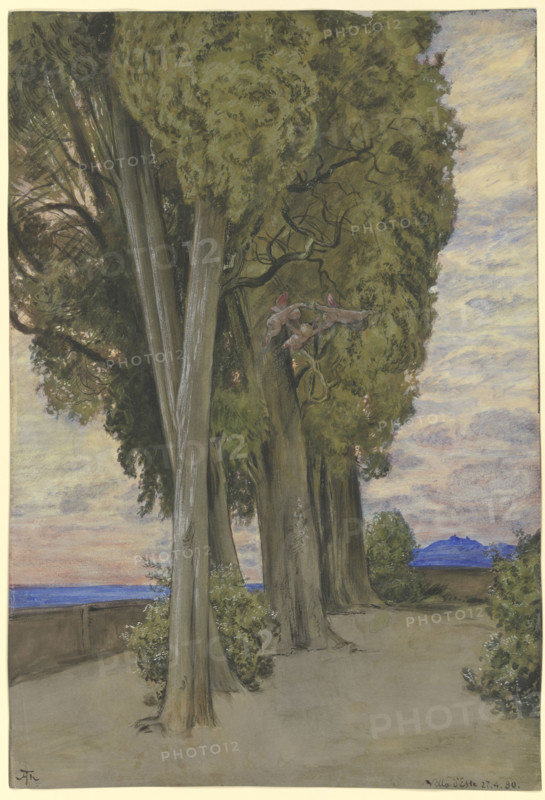 Cypresses in the Villa d'Este, a circle of three putti below the treetops, 1880. Creator: Hans Thoma.