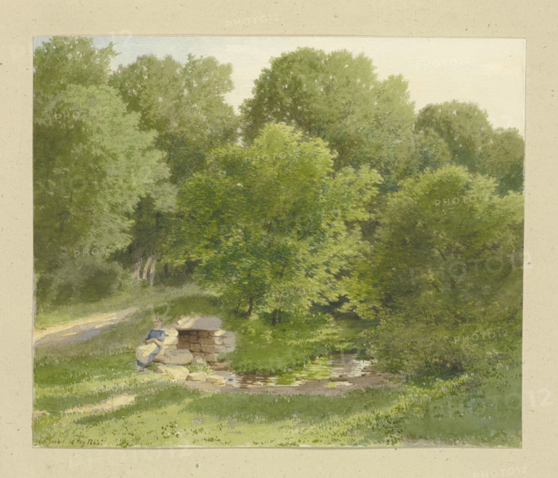 Girl sitting at the opening of a brick-lined canal below a path, 1863. Creator: Carl Theodor Reiffenstein.