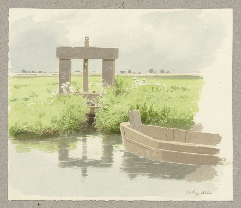 Wooden lock, a boat floating on the water to the right, 1860. Creator: Carl Theodor Reiffenstein.
