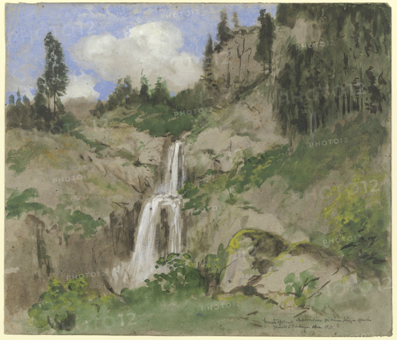 Landscape with a waterfall, (decoration for a puppet theater), 1870. Creator: Hans Thoma.