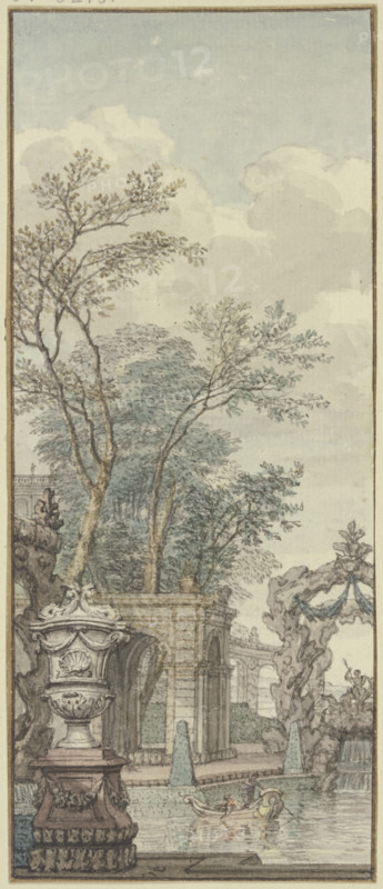 Panel, park view with waterworks and artificial rock, c1690s. Creator: Isaac de Moucheron.