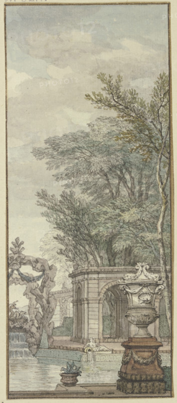 Panel, park view with waterworks and artificial rock, c1690s. Creator: Isaac de Moucheron.