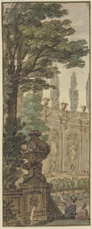 Panel, a vase in the foreground, an orangery in the background, c1690s. Creator: Isaac de Moucheron.