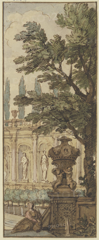 Panel, a vase in the foreground, an orangery in the background, c1690s. Creator: Isaac de Moucheron.