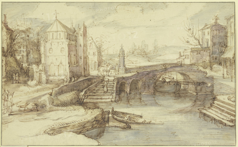Town view with a bridge under which a ship passes, and a staircase..., c1600-1630. Creator: Cornelis Claesz van Wieringen.
