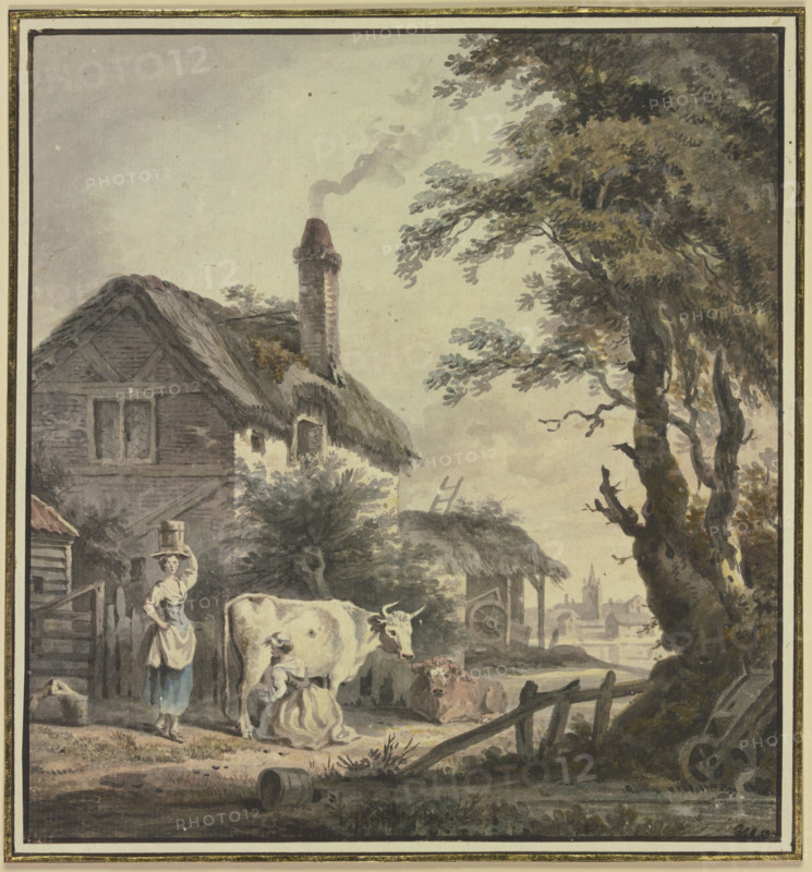 Women with cows in front of a farmhouse, 18th century. Creator: Netherlandish, 18th century;.