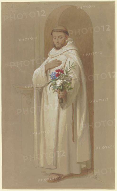 Carthusian monk with a bouquet of symbolic flowers, 1851. Creator: Eduard von Steinle.