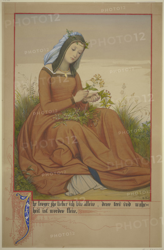 Young woman tying a bouquet of flowers, 1867. Creator: Eduard von Steinle.