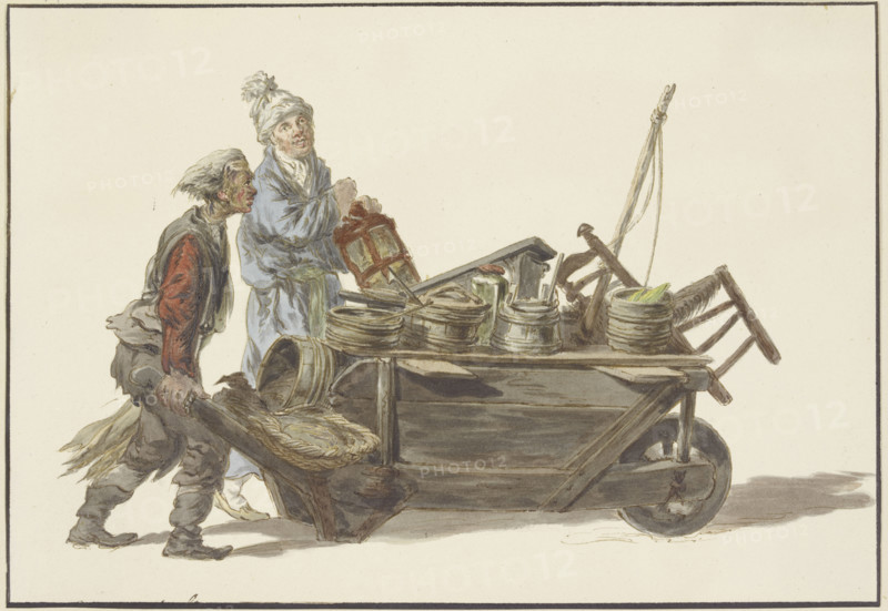 A grocer with his servant and wheelbarrow, before 1817. Creator: C. H. Meyer.