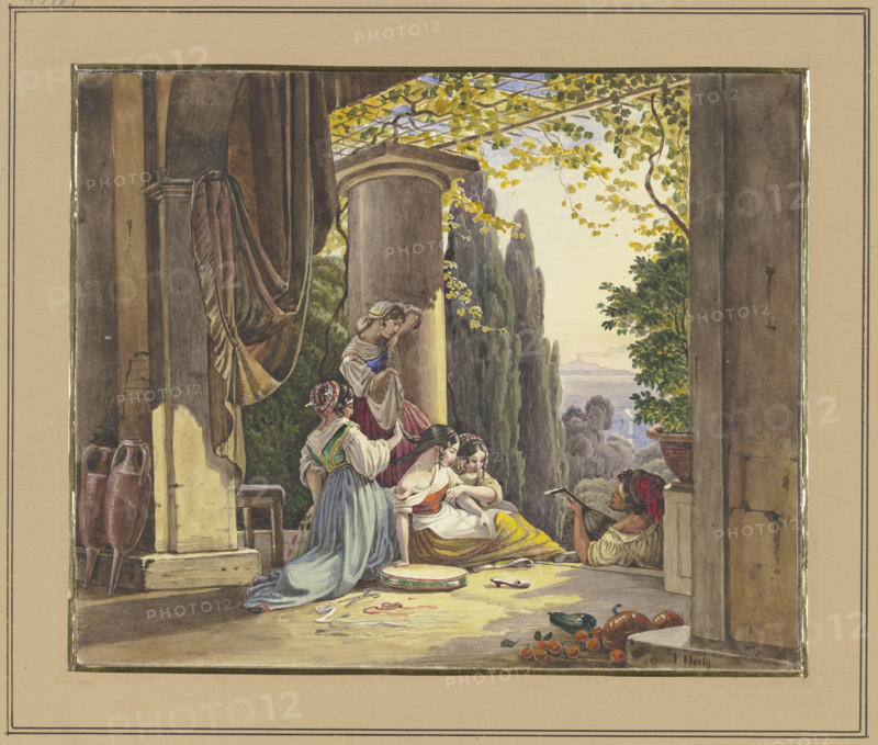 Italian terrace with girls and lute player, c1830-1870. Creator: Friedrich Nerly.