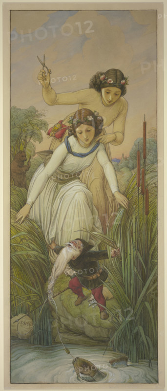 Snow White and Rose Red find the dwarf whose beard is tangled in the fishing line, 1866. Creator: Eduard von Steinle.