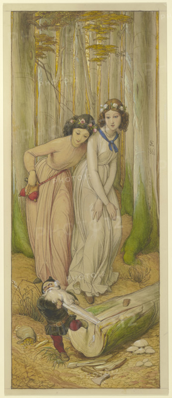 Snow White and Rose Red find the dwarf in the forest whose beard is caught in a tree trunk, 1866. Creator: Eduard von Steinle.