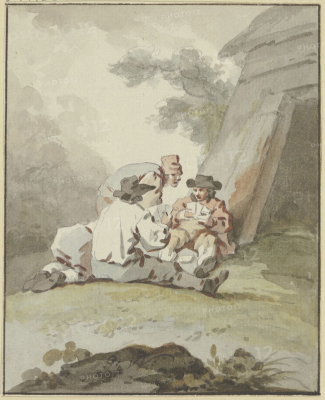 Four men sitting or squatting on the ground in front of a hut playing cards, c1770-1790. Creator: Gottlieb Welte.