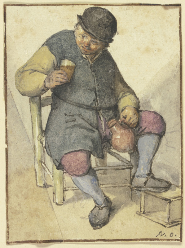 Seated farmer from the front, with jug and glass, after 1670. Creator: Adriaen van Ostade.