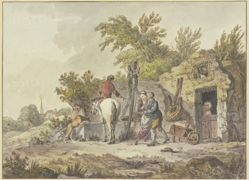 Rider with dog at a watering place, on the right at the well in front of a house a man..., 1773. Creator: John Webber.