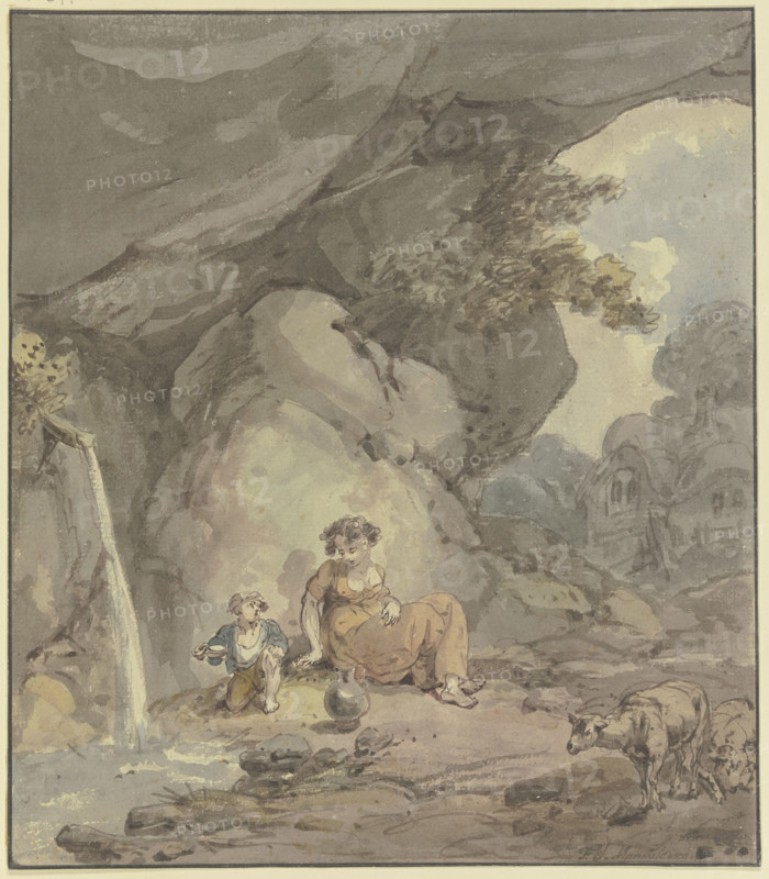 Young woman with her child resting by a rock spring, two sheep to the right, c1790s. Creator: Franz Joseph Manskirsch.