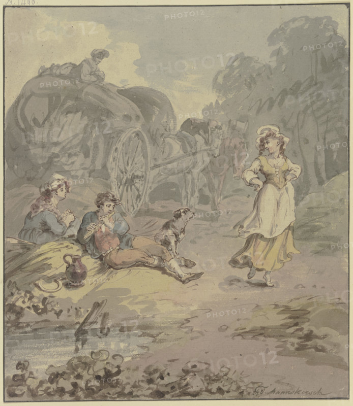 Reaper and reaper resting by a harvest wagon, in front of them a young girl dancing..., c1790s. Creator: Franz Joseph Manskirsch.