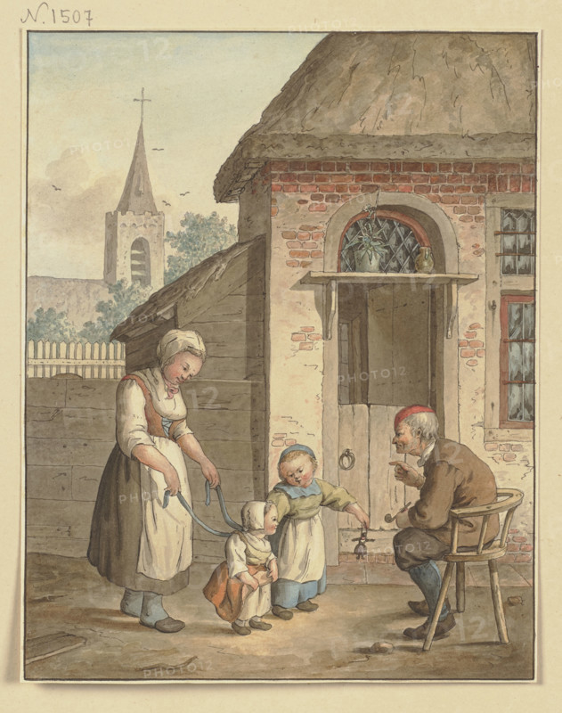 An old man sits in front of a house with a maid and two children, c1800-1844. Creator: Johann Friedrich Morgenstern.