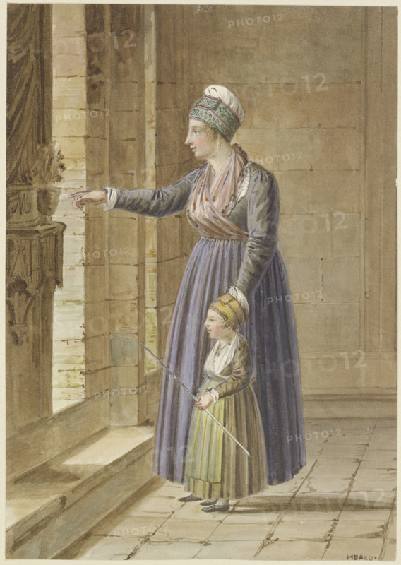 Young woman with her daughter in Provençal dress at a church window, c1810-1850. Creator: Pierre Huard.