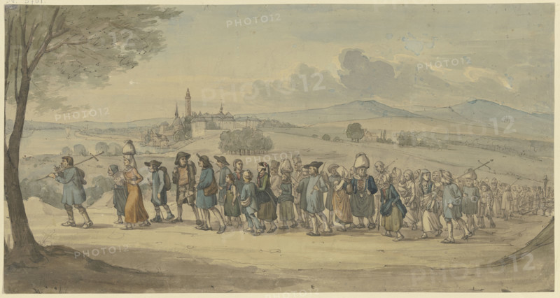 Walldürer's pilgrims passing by the town of Höchst am Main, (1830?). Creator: Jakob Dielmann.
