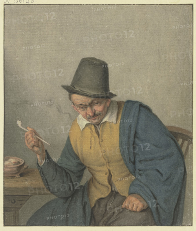 A pensive farmer sitting at a table, holding a pipe in his hand, late 18th century?. Creator: Benjamin Wolf.