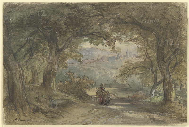 Forest path with a view of a village, c1840-1900. Creator: Anton Burger.