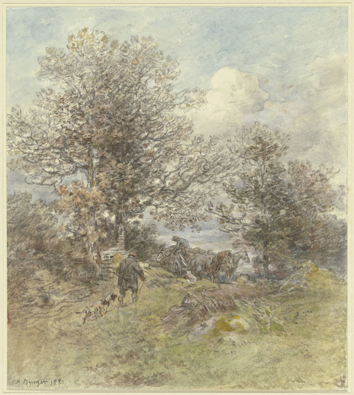 Landscape with a hunter and a farmer loading wood, 1881. Creator: Anton Burger.