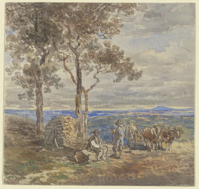 Two peasants with their ox-drawn cart, resting on a plateau by a woodpile, c1840-1890s. Creator: Anton Burger.