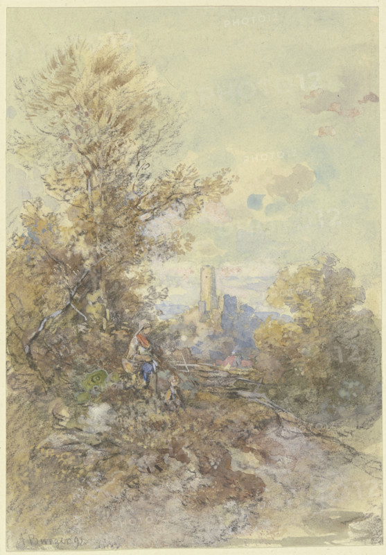 Landscape with a peasant woman, child, and the Eppstein ruins, 1892. Creator: Anton Burger.