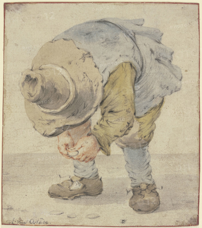 Boy stooping with a large hat, c1630-1680. Creator: Adriaen van Ostade.