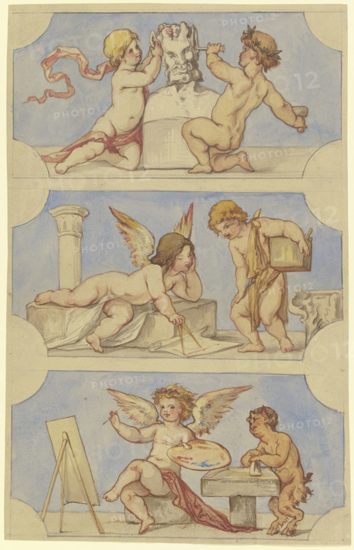 Allegories of sculpture, architecture, and painting embodied by putti, c1850-1870. Creator: Victor Muller.