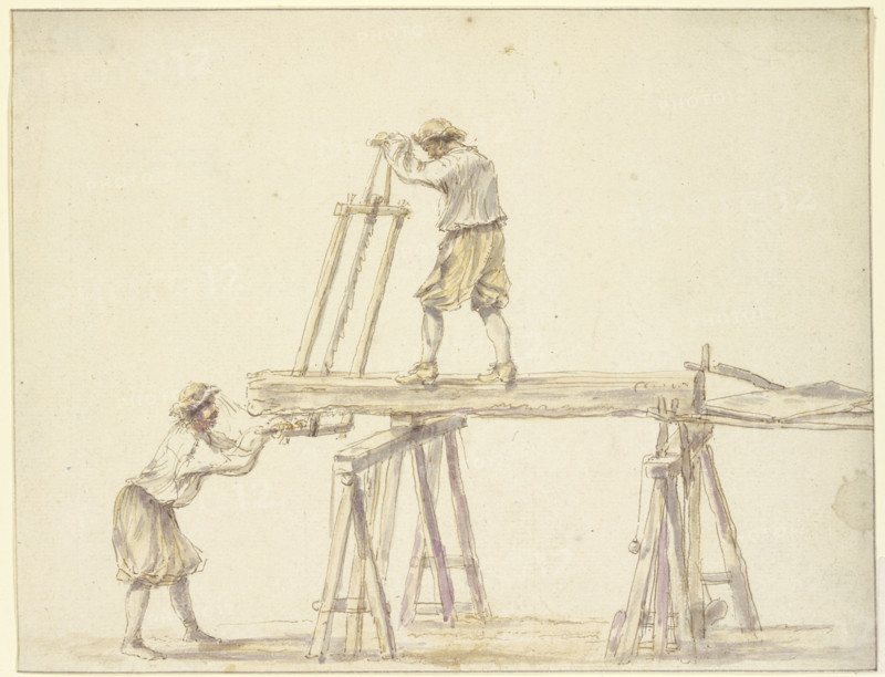 Two men sawing wood, 17th century; 18th century. Creator: Unknown.