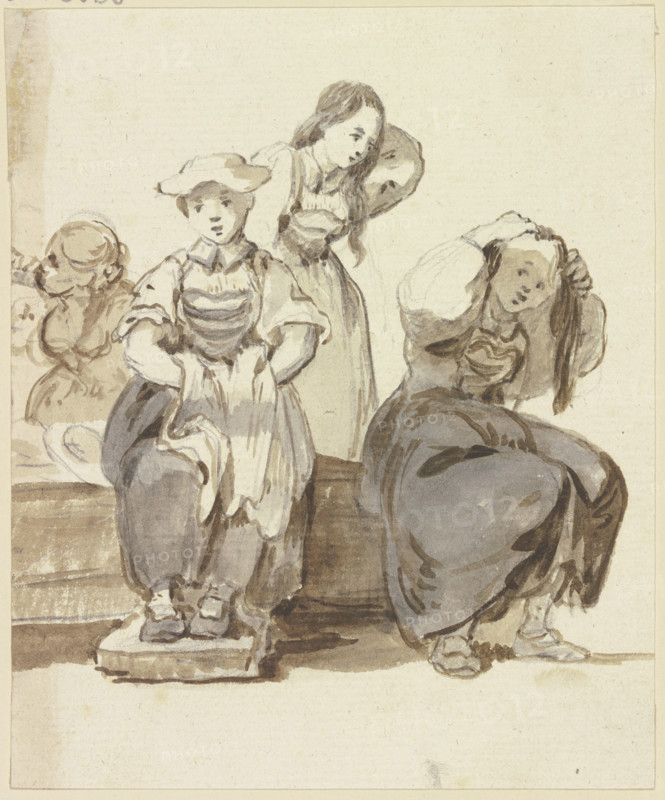 Four young girls by a well, two of them arranging their hair, c1771-1772. Creator: Georg Melchior Kraus.