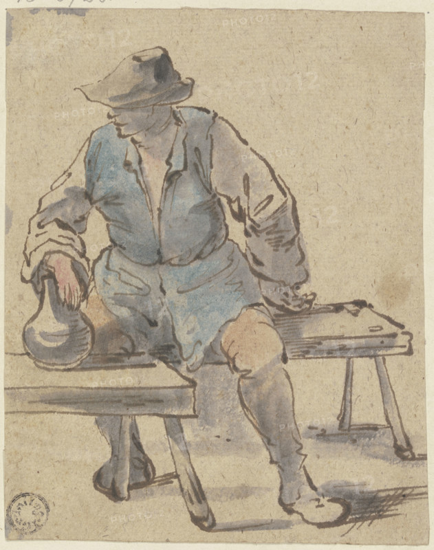 Seated farmer, hand resting on a jug on a bench in front of him, c1640-1674. Creator: Johannes Lingelbach.