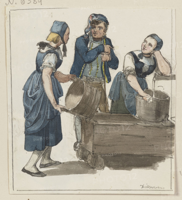 Two girls and a boy at a fountain, c1830-1880. Creator: Jakob Dielmann.