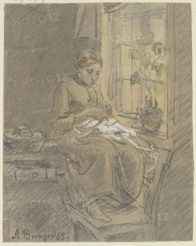 Girl at the window threading a needle, 1865. Creator: Anton Burger.