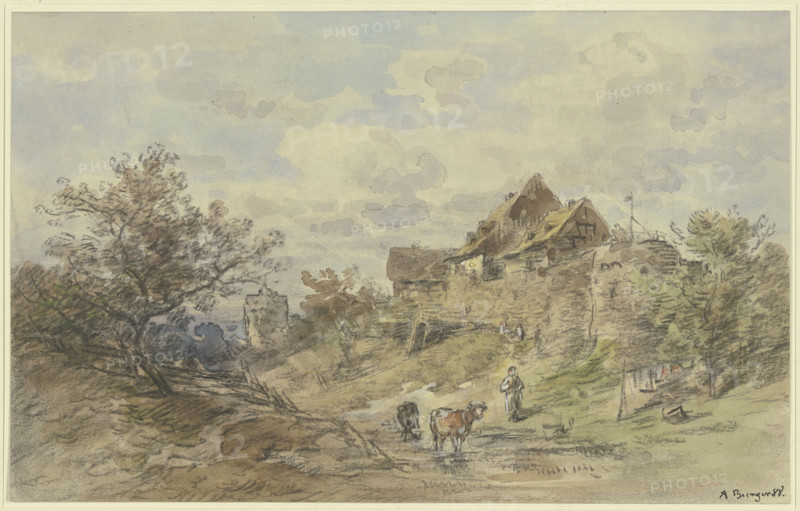Landscape with a farmstead, two Cows with a farmer's wife in the foreground, 1888. Creator: Anton Burger.