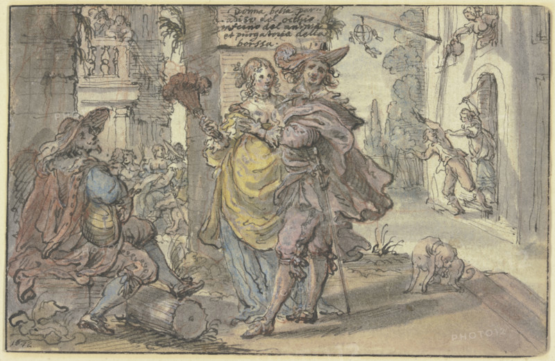 Elegant couple with a lute-player, 1642.   Creator: Mathias Strasser.