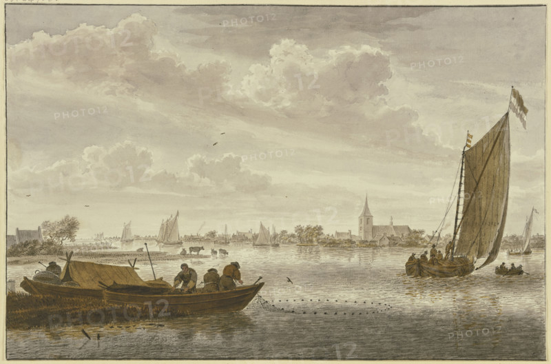 A river, bustling with ships and boatmen, with a small town nearby, mid-late 18th century. Creator: Cornelis van Noorde.