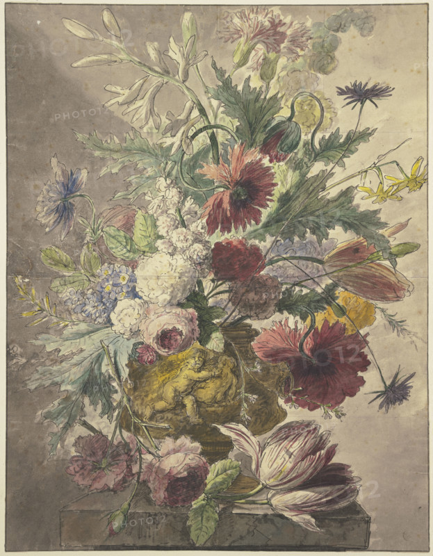 Bouquet in a vase with bas-relief, a rose and a tulip lie in front, 18th century. Creator: J. H. van Loon.